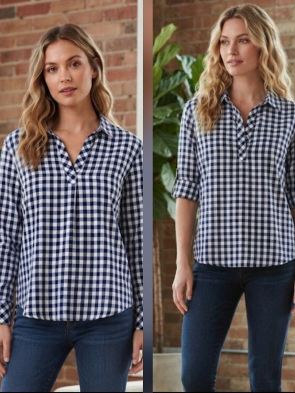 Tommy Bahama Navy Blue White Gingham Roll Tab 100% Cotton Pullover Shirt Small